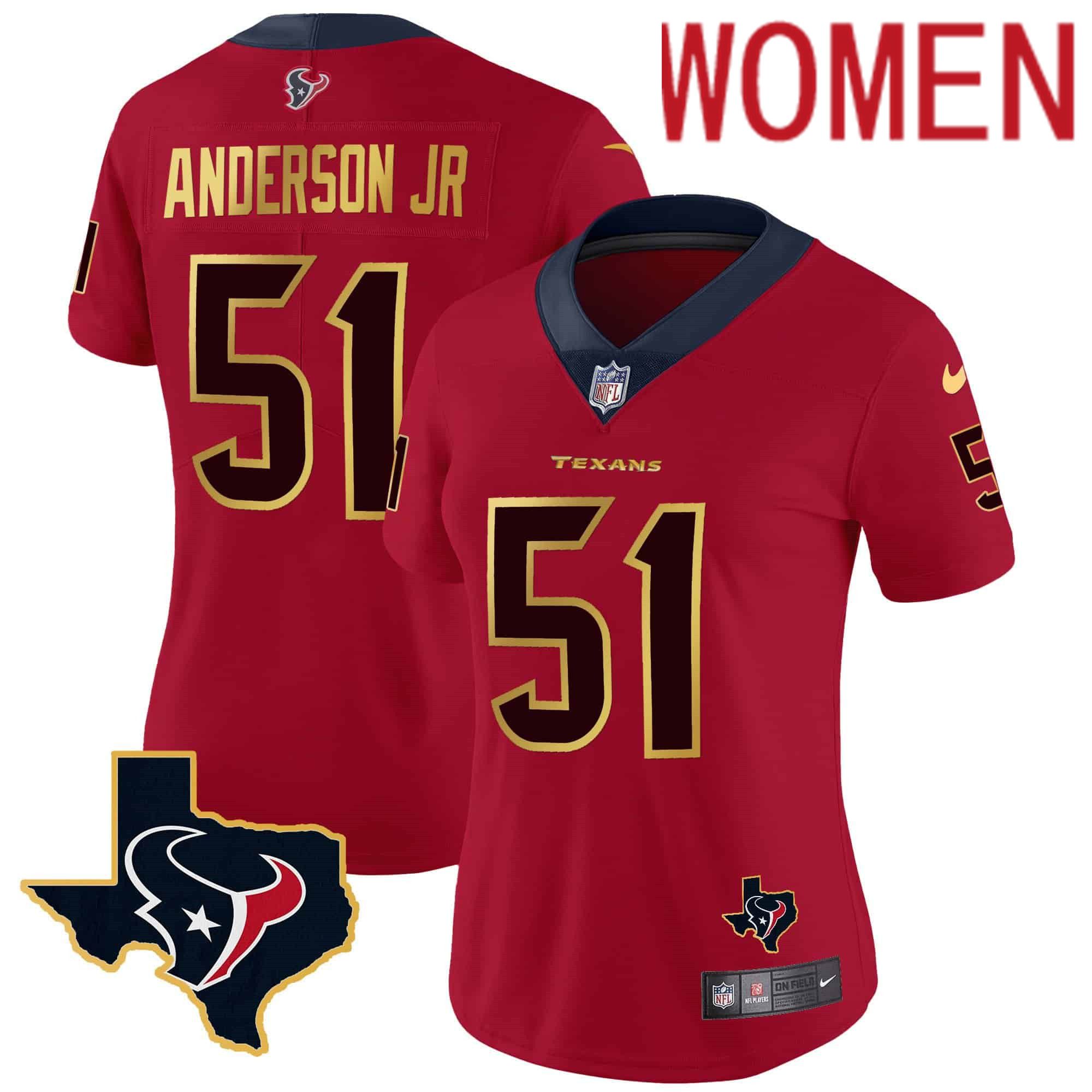 Women Houston Texans 51 Anderson jr Red Gold 2024 Nike Trim Vapor NFL Jersey